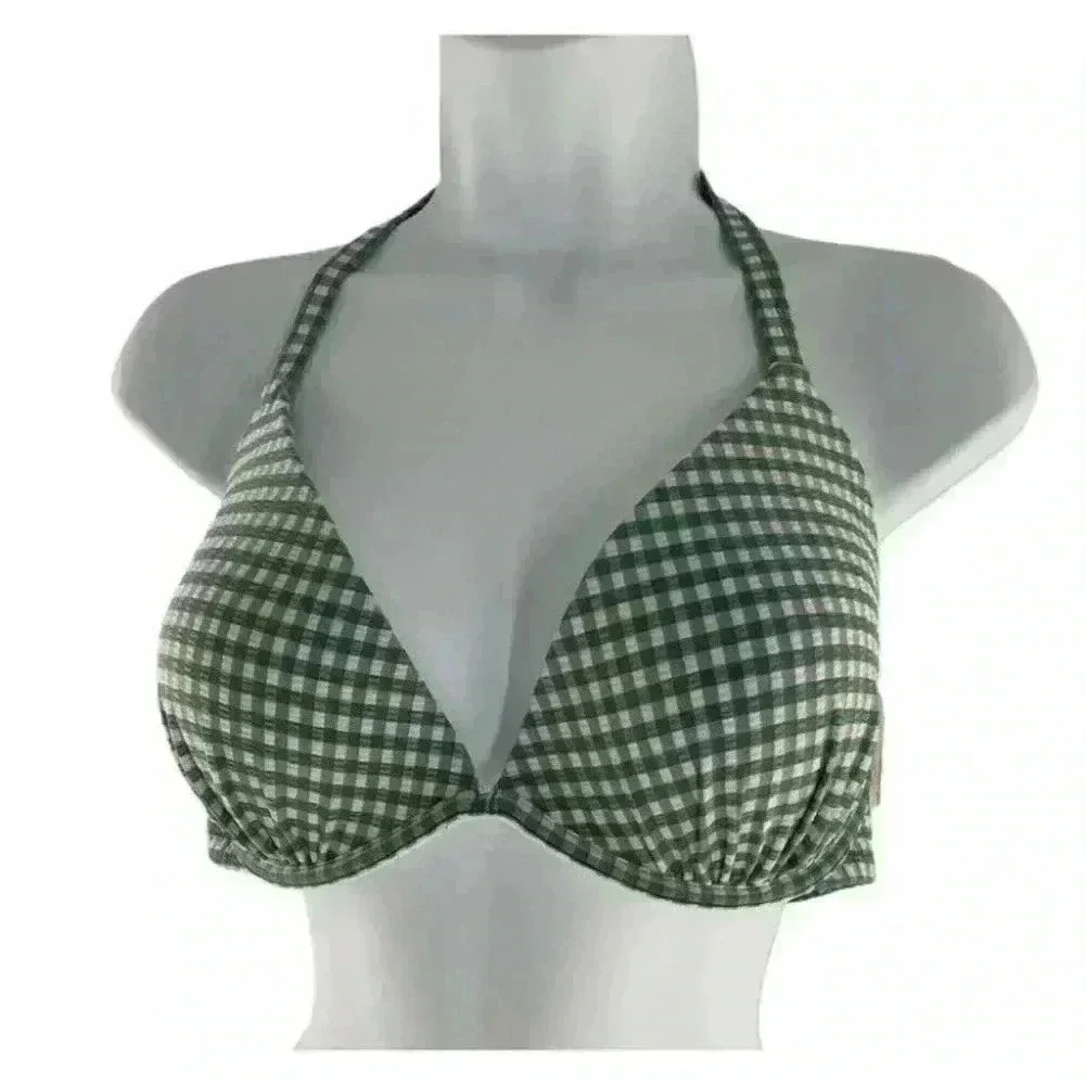 Shade & Shore Bikini Top Sage Green Plaid Padded Swimwear Bra Size 34DD